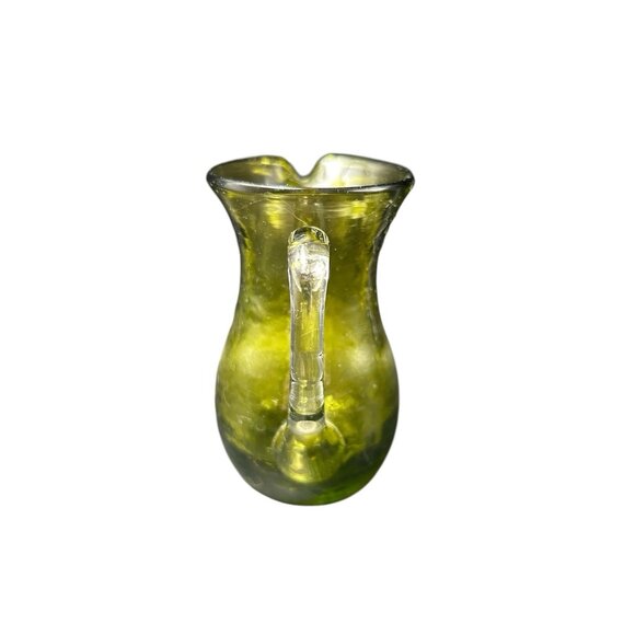 Thick Crackle Glass 4.25" Pitcher Applied Clear Handle Avocado Sage Green BLENKO - Picture 4 of 8